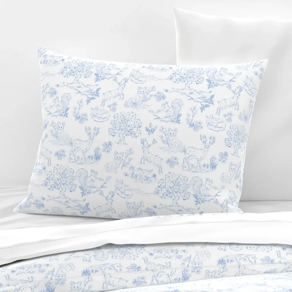 Toile Cute Animals Woodland Standard Pillow Cover - Light Blue, Cotton Sateen product