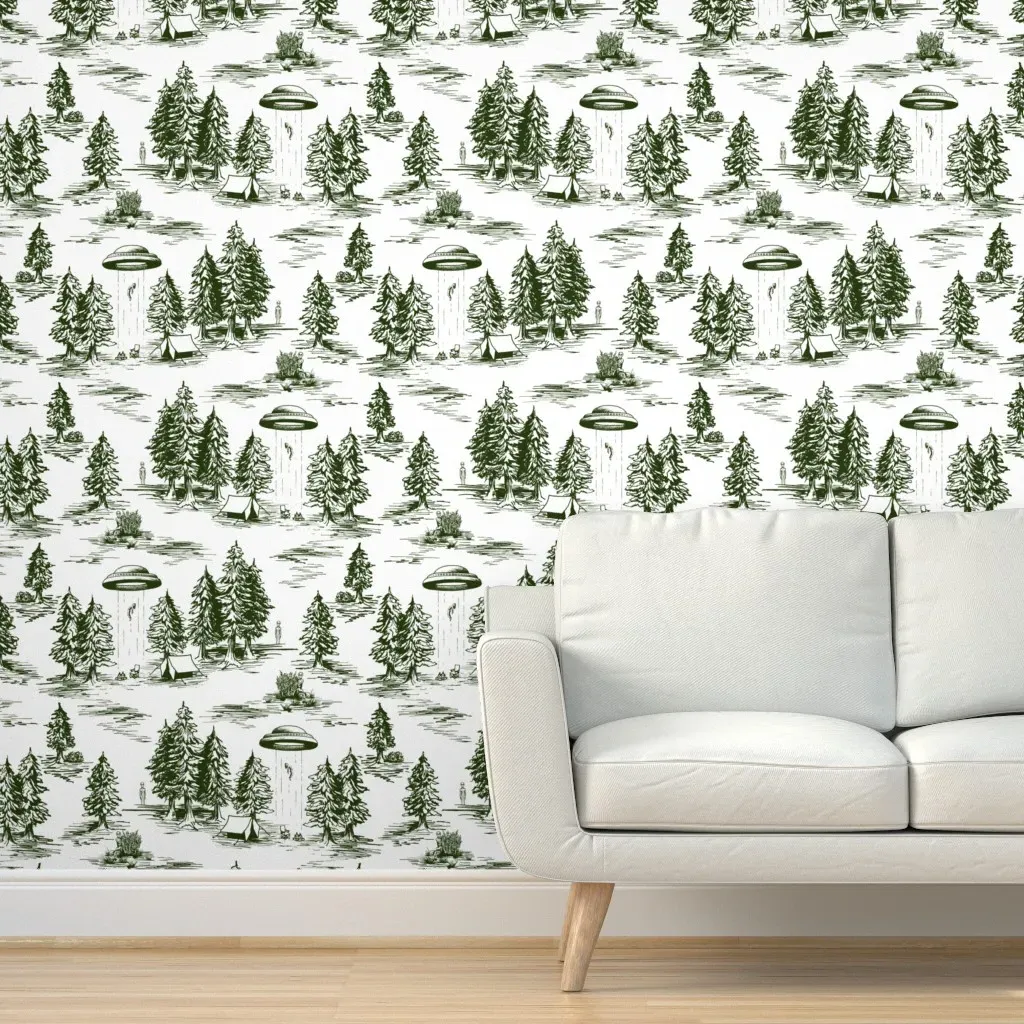 Toile De Jouy Alien Abduction Peel and Stick Wallpaper - Dark Green, White product