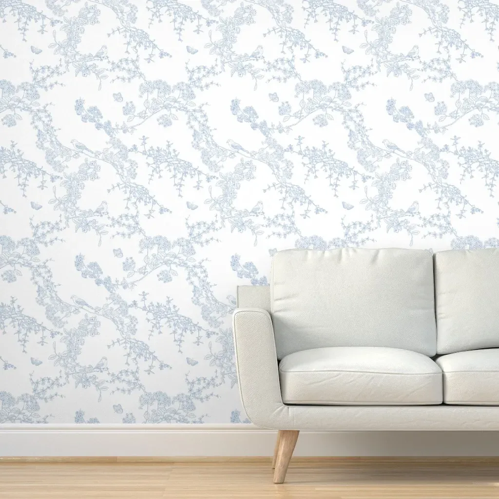Toile De Jouy Chinoiserie Floral Peel and Stick Wallpaper - Light Blue product