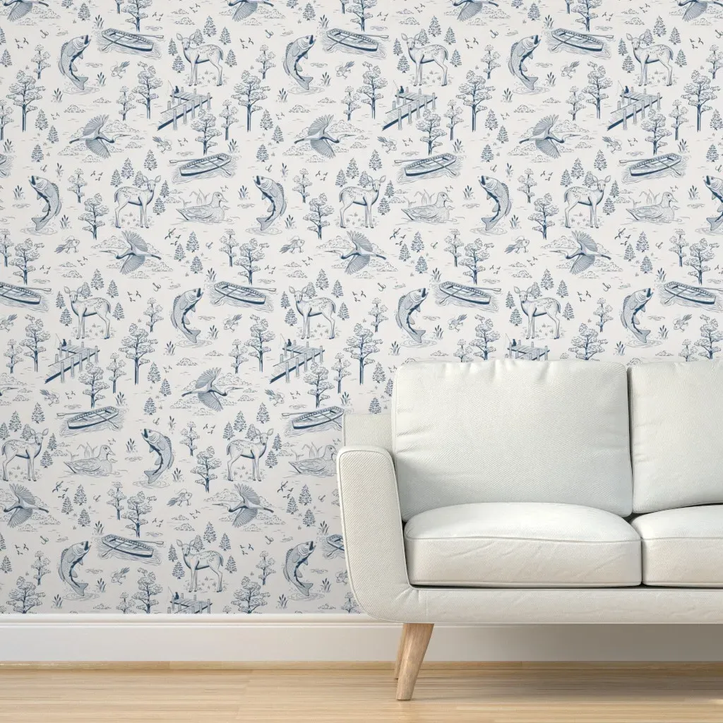 Toile De Jouy Scenic Lake Fishing Peel and Stick Wallpaper - Navy, Ivory product
