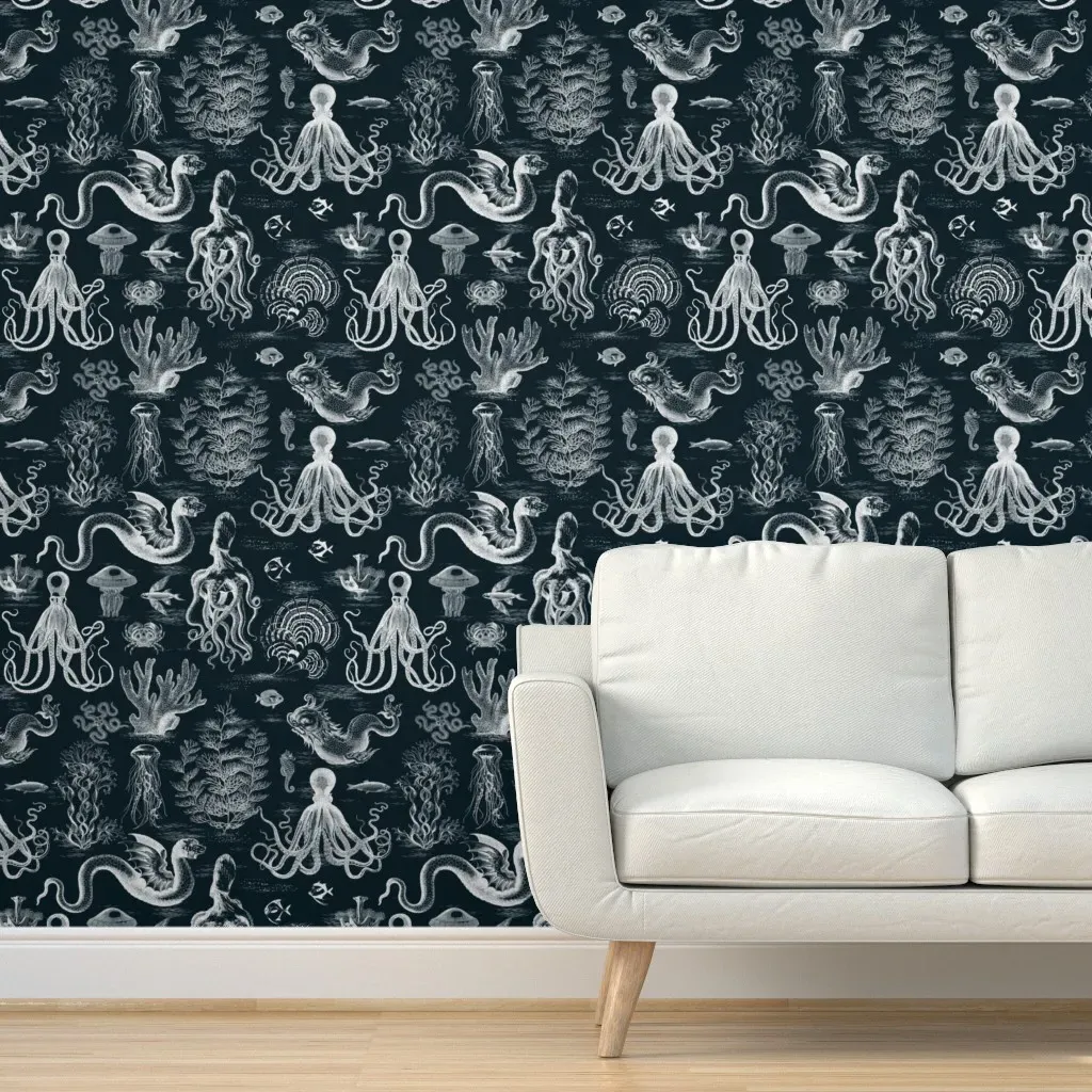 Toile De Mer Deux Peel and Stick Wallpaper - White on Deepest Darkest Blue product