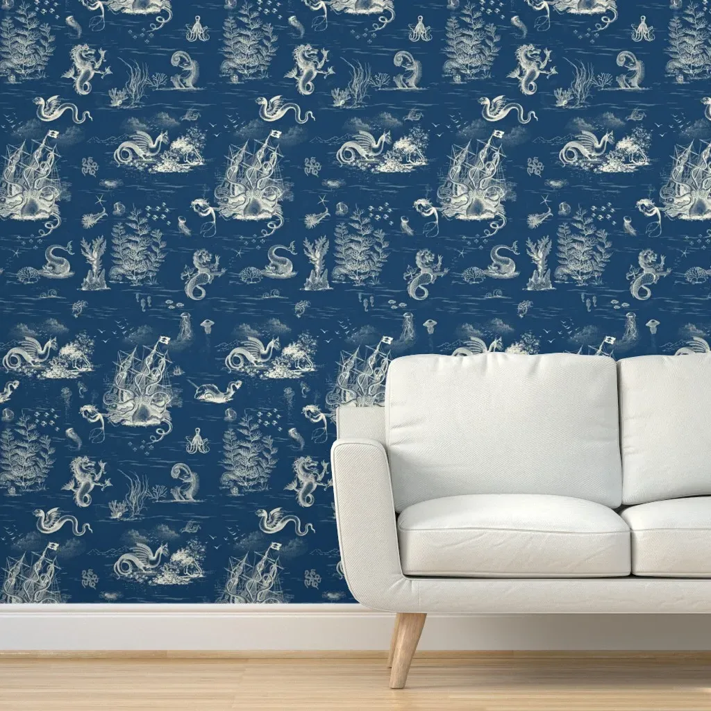 Toile De Mer Peel and Stick Wallpaper - Off White on Blue product