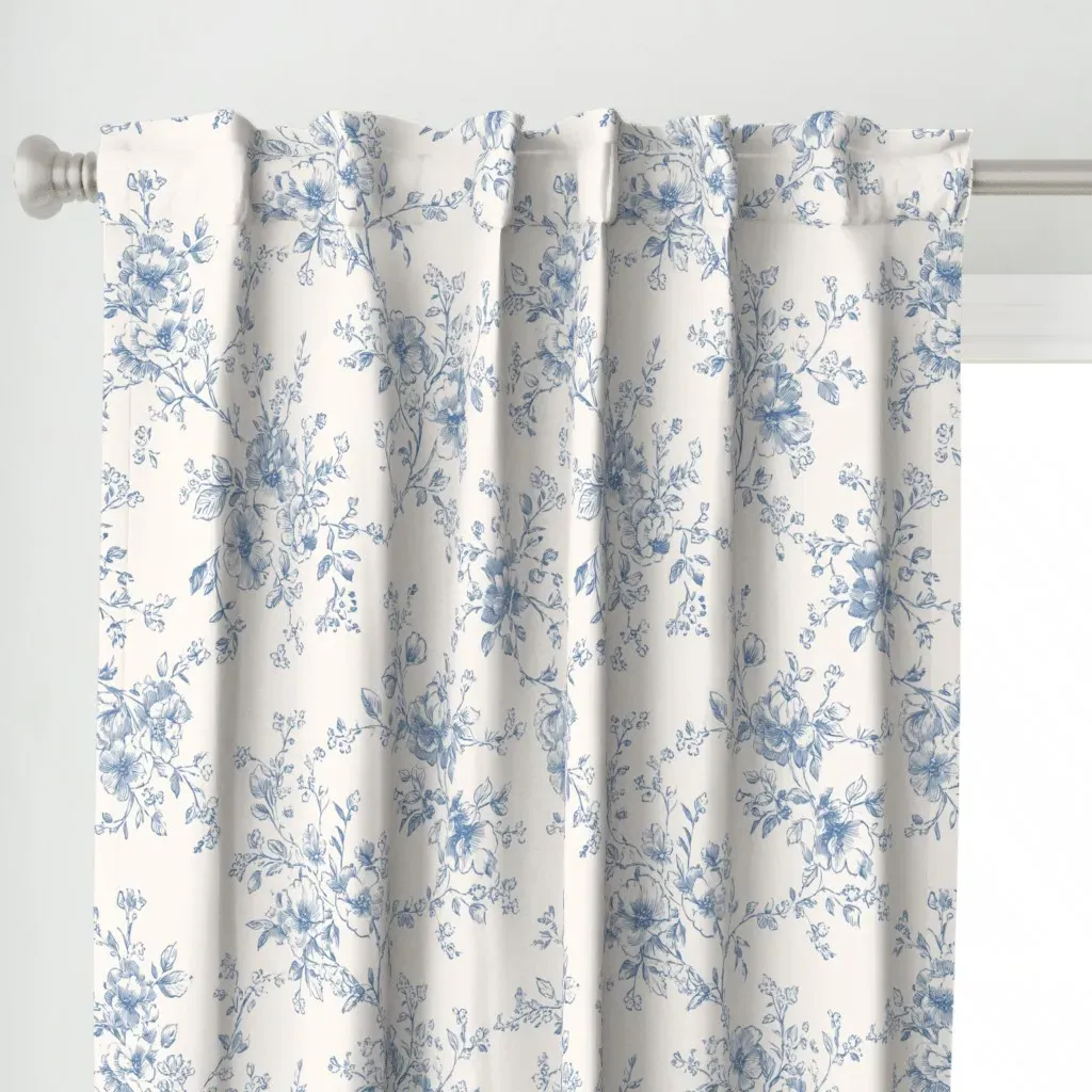 Toile Floral Bouquet Curtain Panel - Blue alternate view