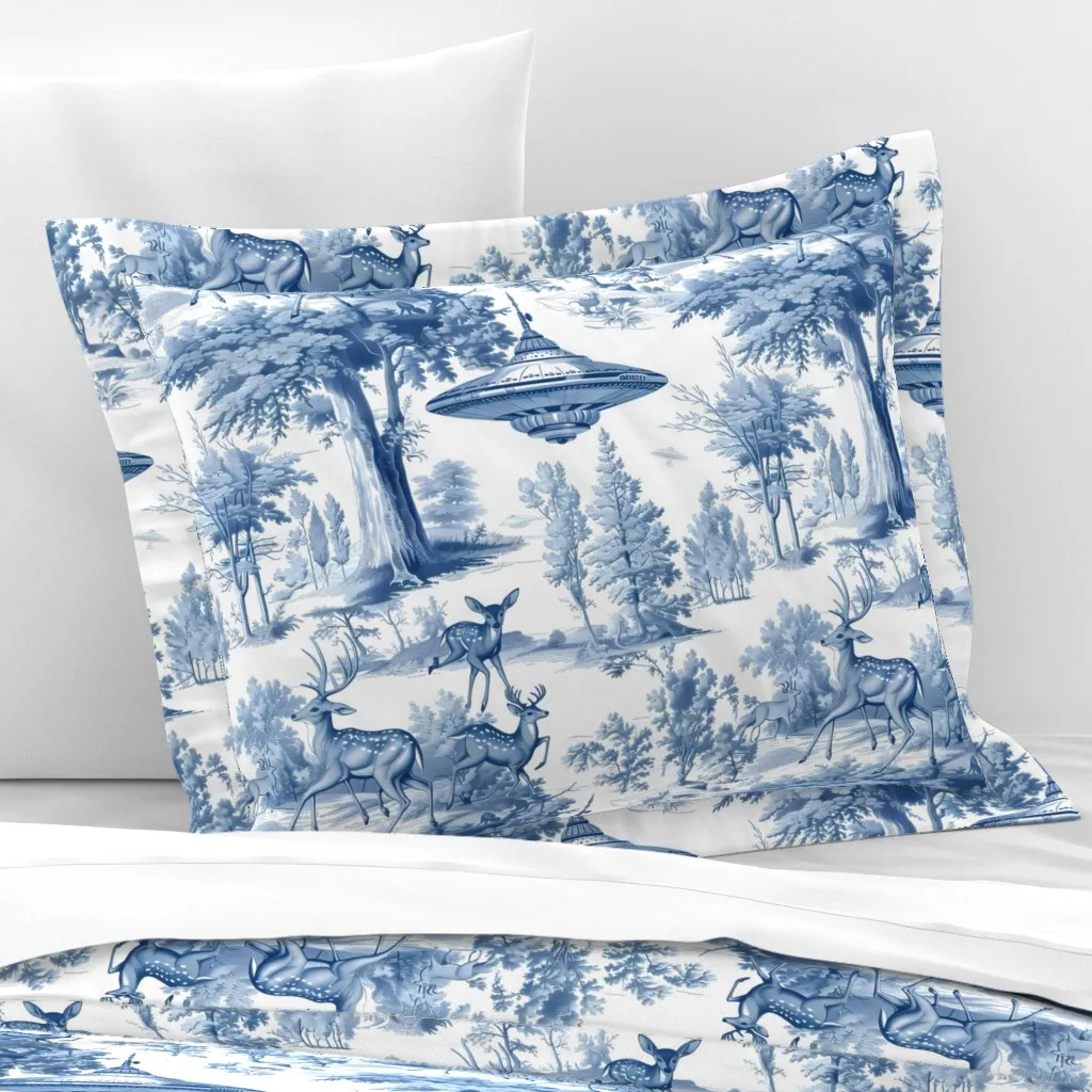 Toile UFO and Deer Standard Flanged Cushion Cover - Blue, Cotton Sateen product