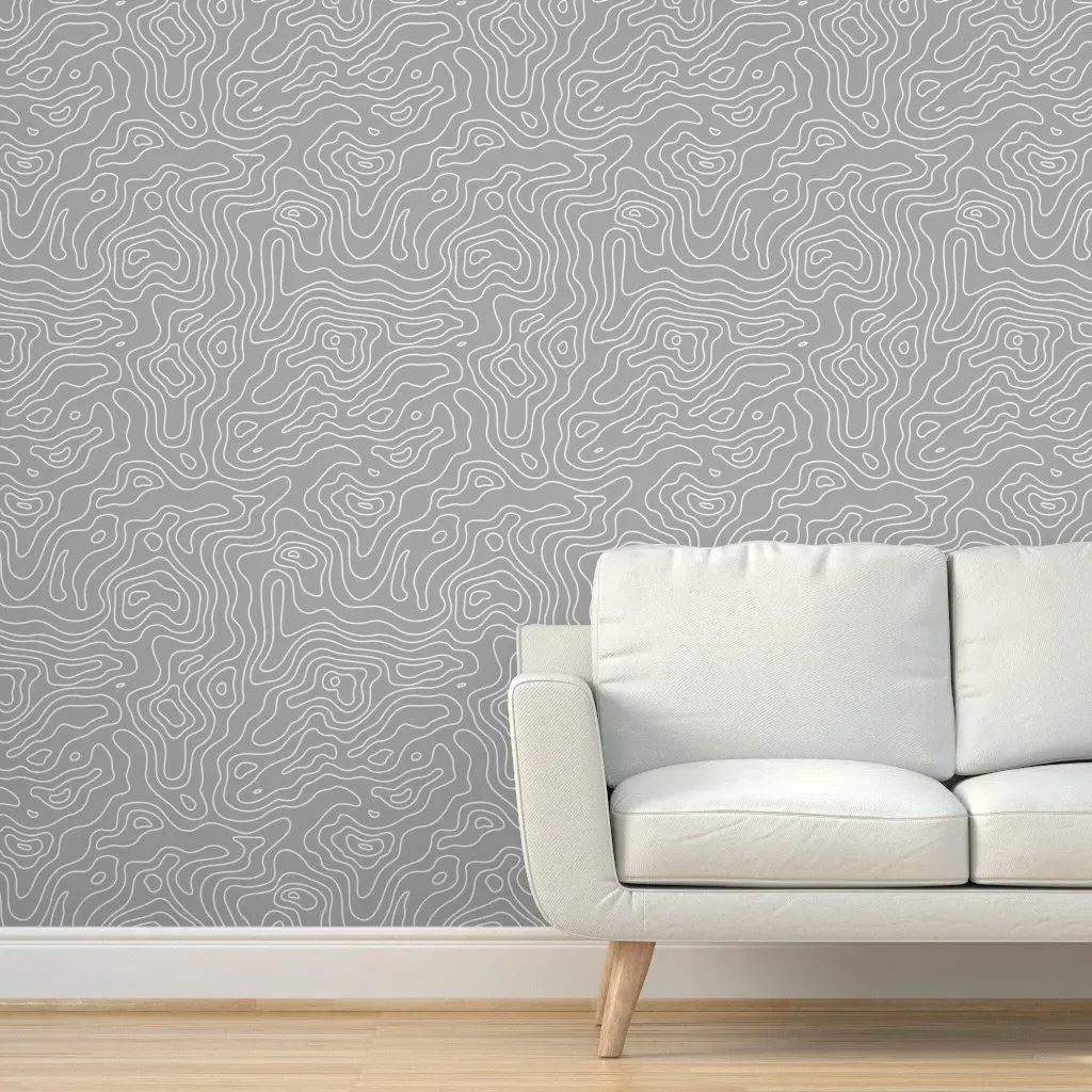 Topographic Map Wave Elevation Peel and Stick Wallpaper - Grey, White product
