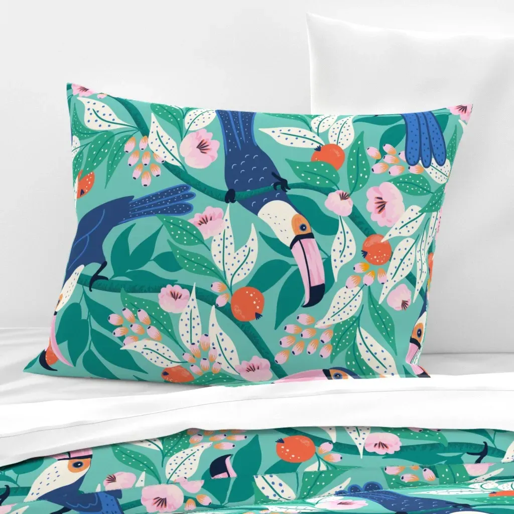 Toucan Forest Standard Knife Edge Pillow - Teal, Cotton Sateen product