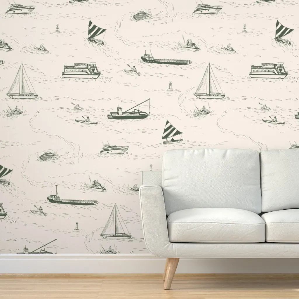 Traffic On The Hudson River Toile Peel and Stick Wallpaper - Olive Green product