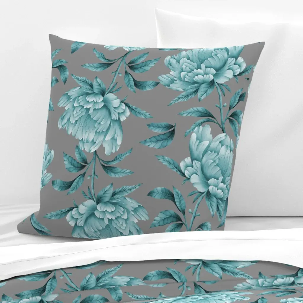 Trailing Teal Peonies 24 Inch Euro Pillow Sham - Teal, Gray product