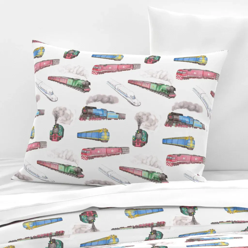 Trains Of The World Standard Knife Edge Cushion - Green, Cotton Sateen product