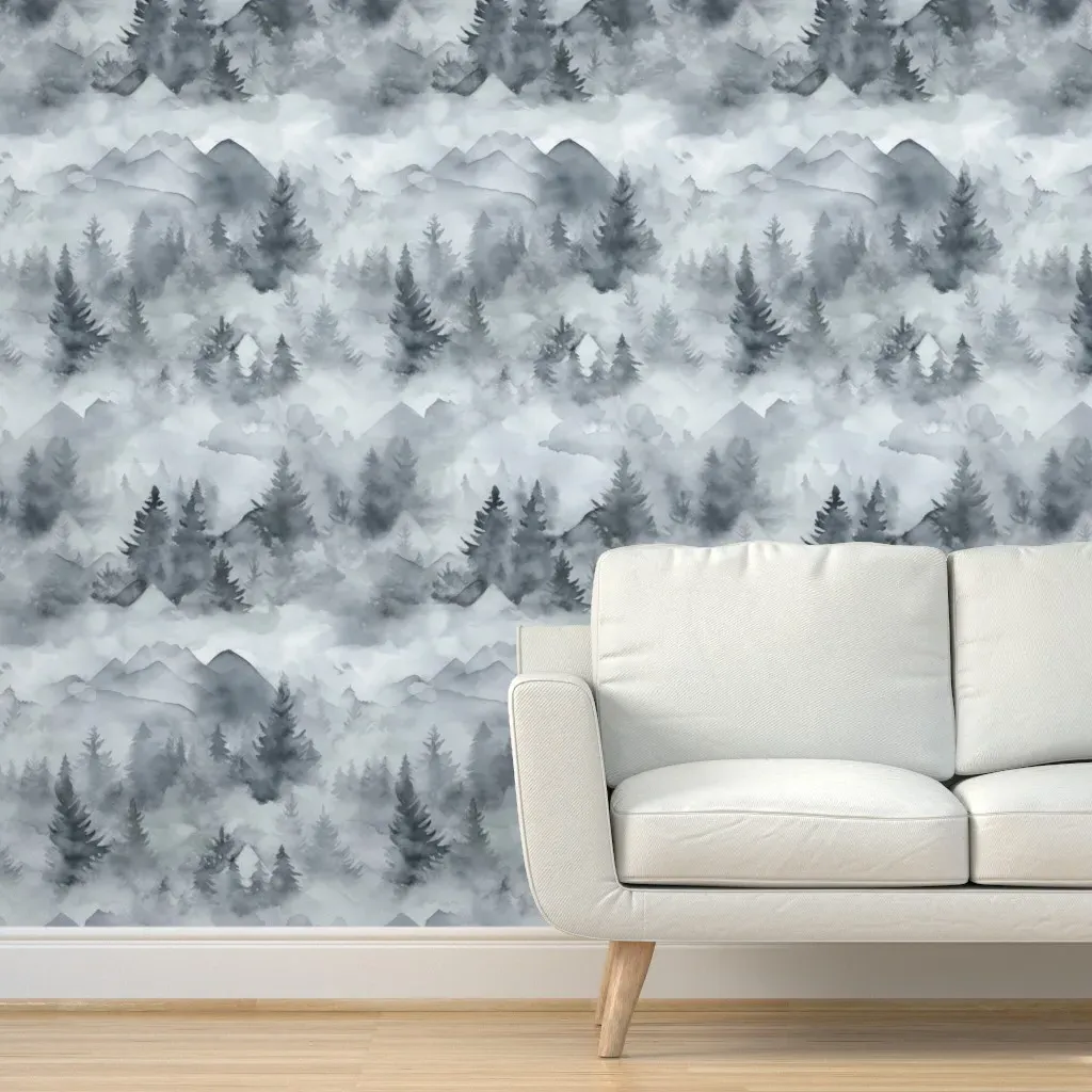 Tranquil Forest Watercolor Landscape Peel and Stick Wallpaper - Grey product