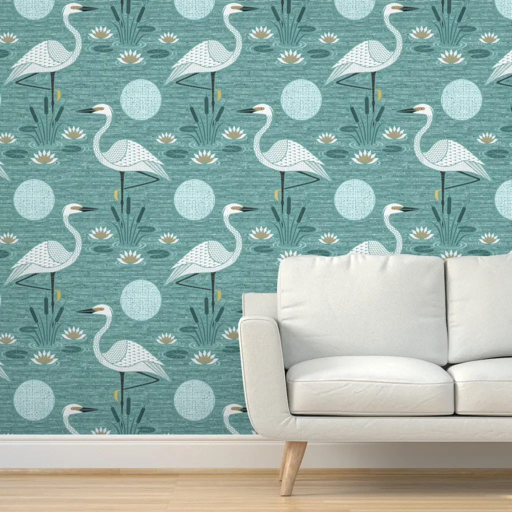 Tranquil Lily Pond with Egrets Peel and Stick Wallpaper - Teal product