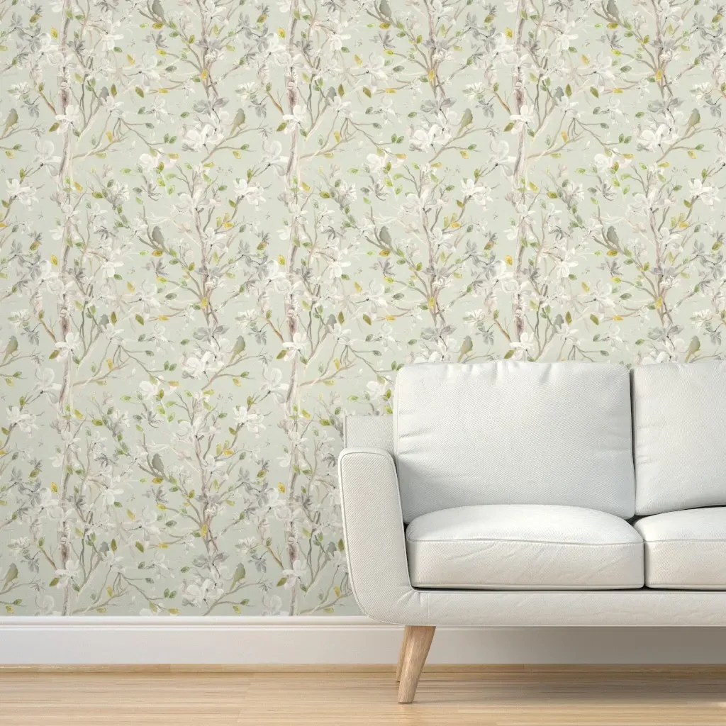 Tree Birds & Flowers Peel and Stick Wallpaper - White, Green product
