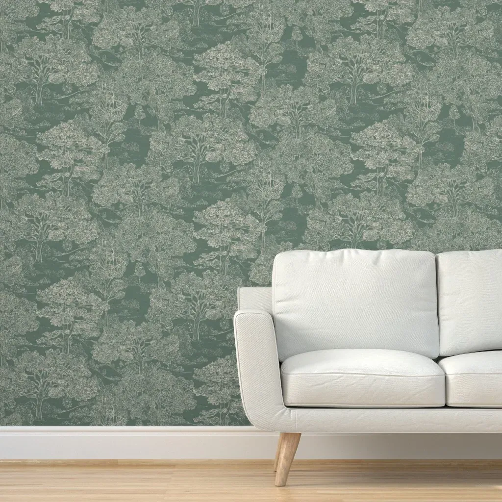 Trees Toile De Jouy Peel and Stick Wallpaper - White, Sage Green product