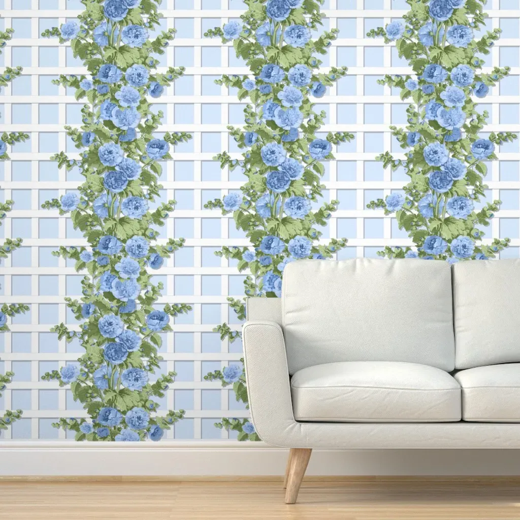 Trellised Hollyhocks Peel and Stick Wallpaper - Cornflower Blue, Green product