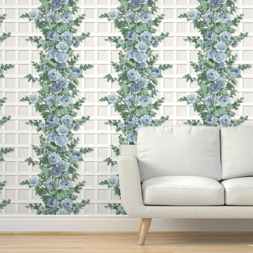 Trellised Hollyhocks Peel and Stick Wallpaper - Indigo Blue product