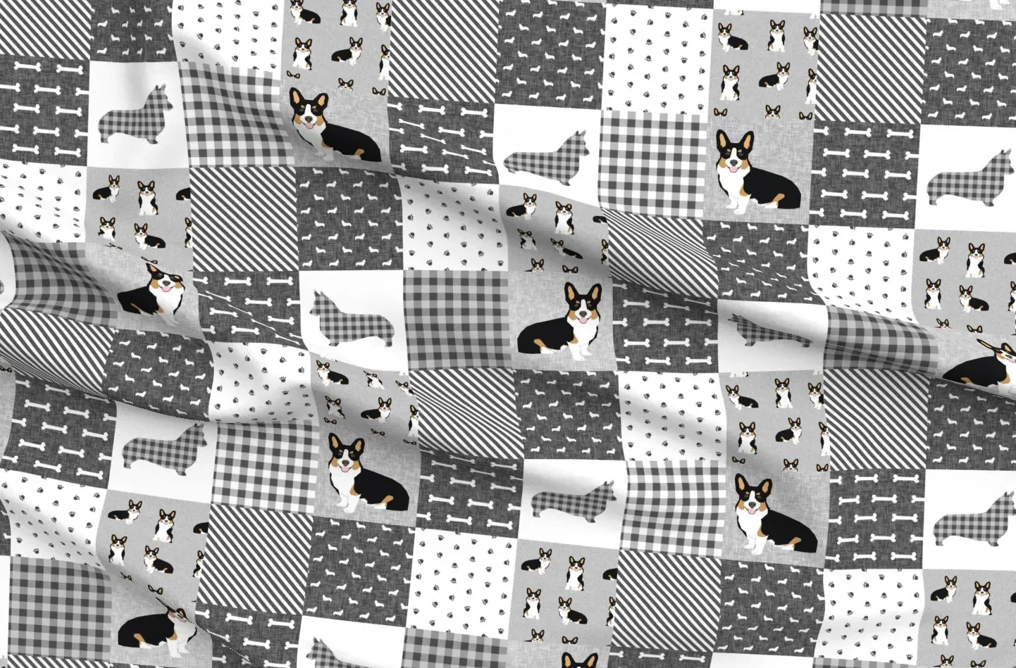 Tri Corgi Dog Pet Quilt Florals Fabric - Gray, Sport Pique product
