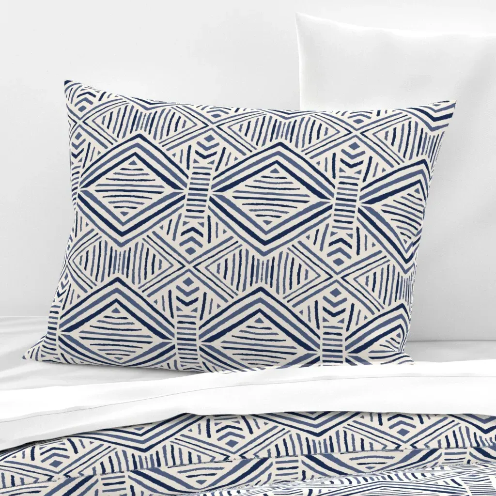 Tribal Geometric Standard Knife Edge Cushion Cover - Navy Blue, Cotton Sateen product