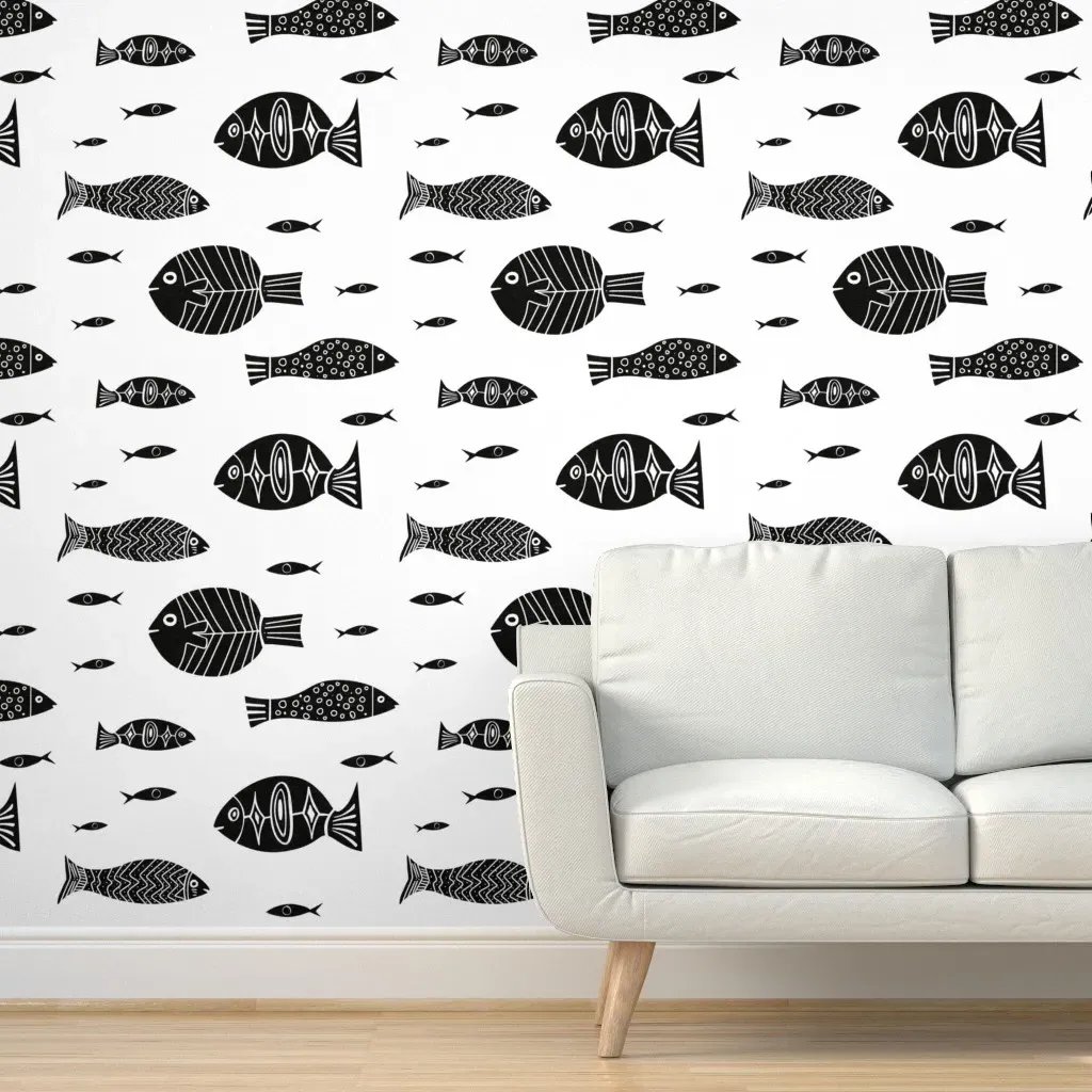 Tribal Salmon Run Peel and Stick Wallpaper - Black, White product