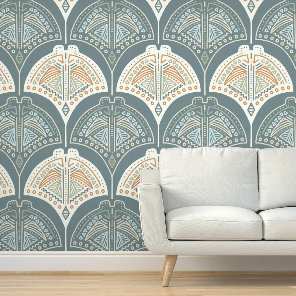 Tribal Stingrays Boho Line Art Peel and Stick Wallpaper - Dusty Blue product