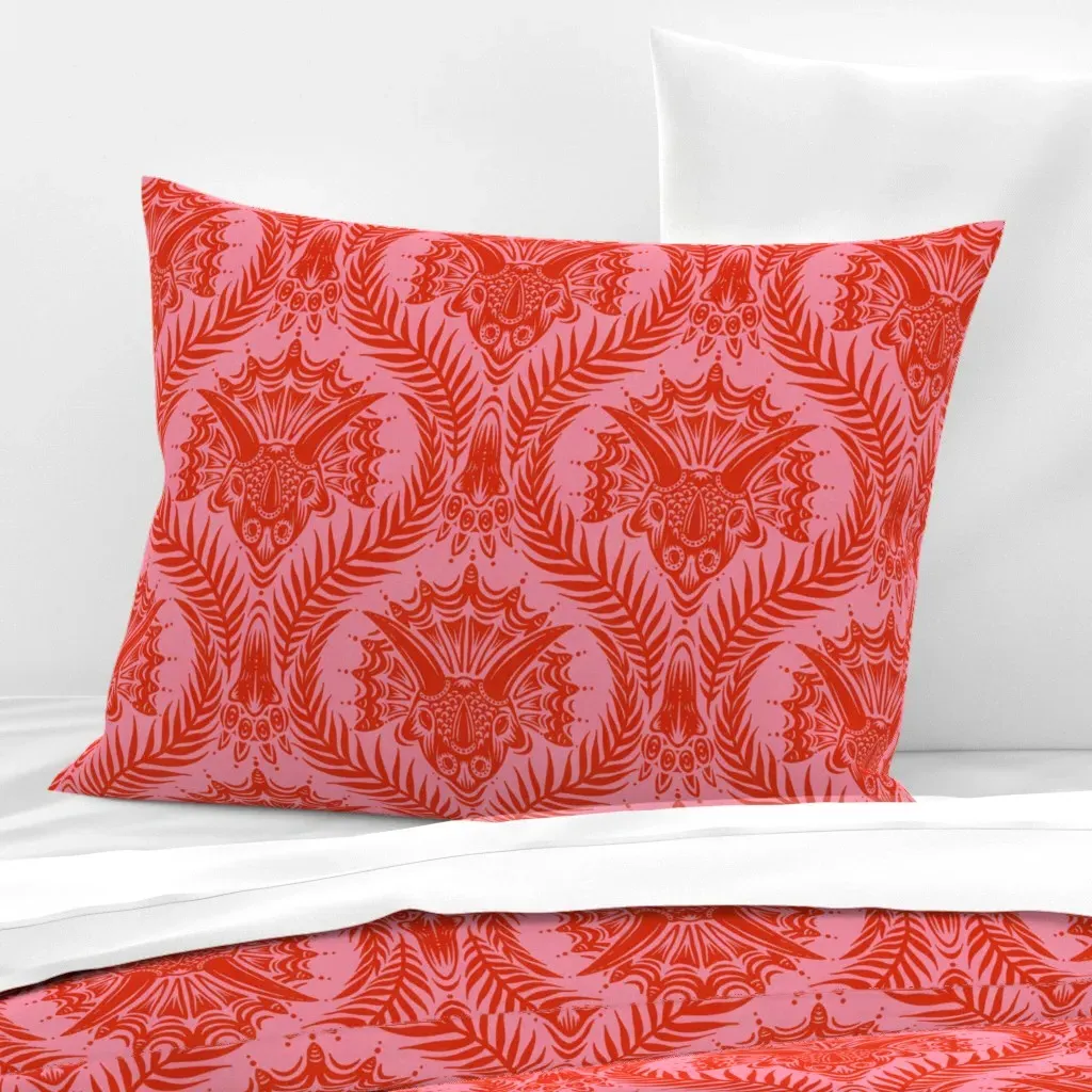 Triceratops Damask Standard Knife Edge Pillow - Pink & Red, Cotton Sateen product