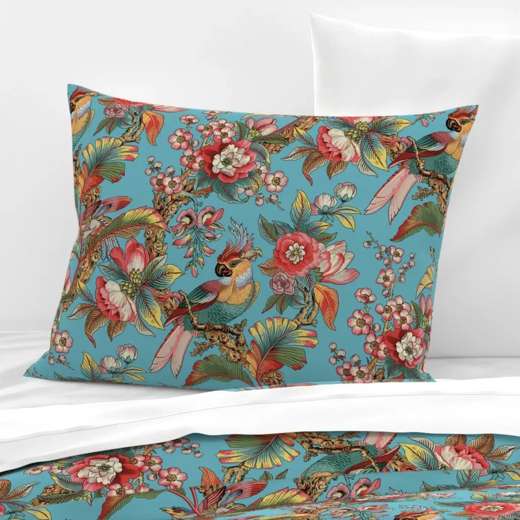 Tropical Birds Standard Knife Edge Cushion Cover - Teal, Cotton Sateen product
