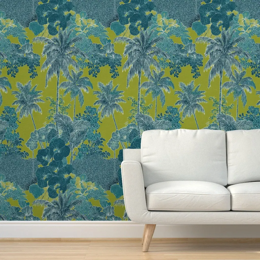 Tropical Botanical Palm Hibiscus Peel and Stick Wallpaper - Teal product