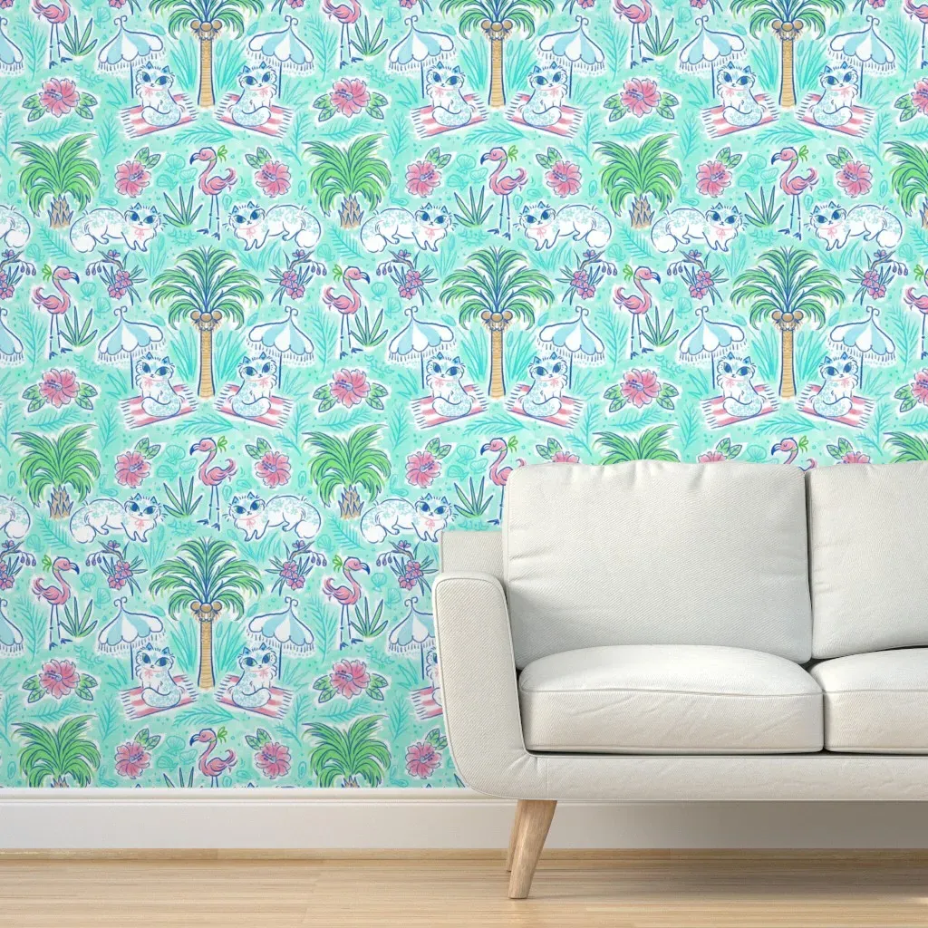 Tropical Cat & Palm Trees Peel and Stick Wallpaper - Light Teal product