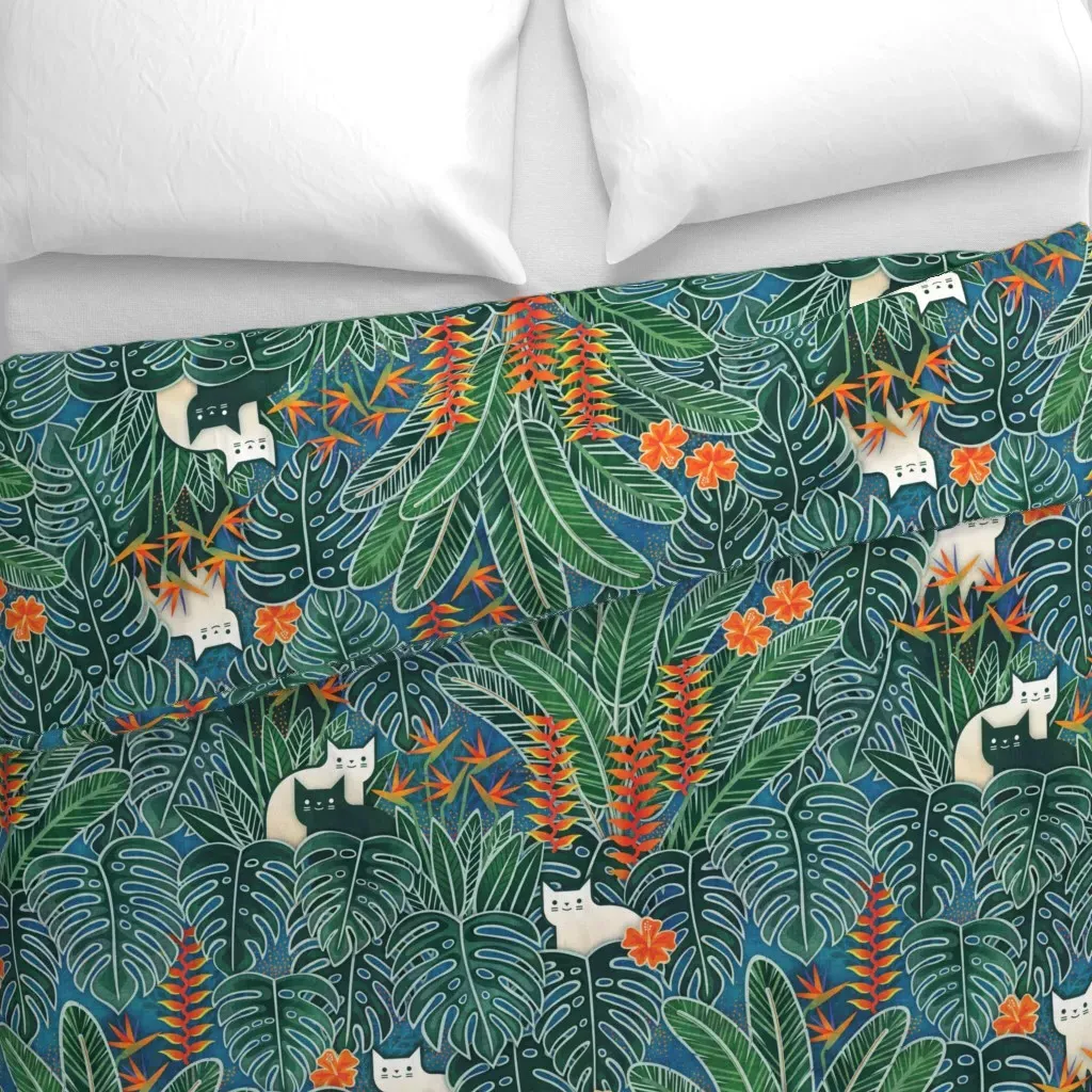 Tropical Cats Hawaiian Garden Monstera Duvet Cover - Dark Green alternate view