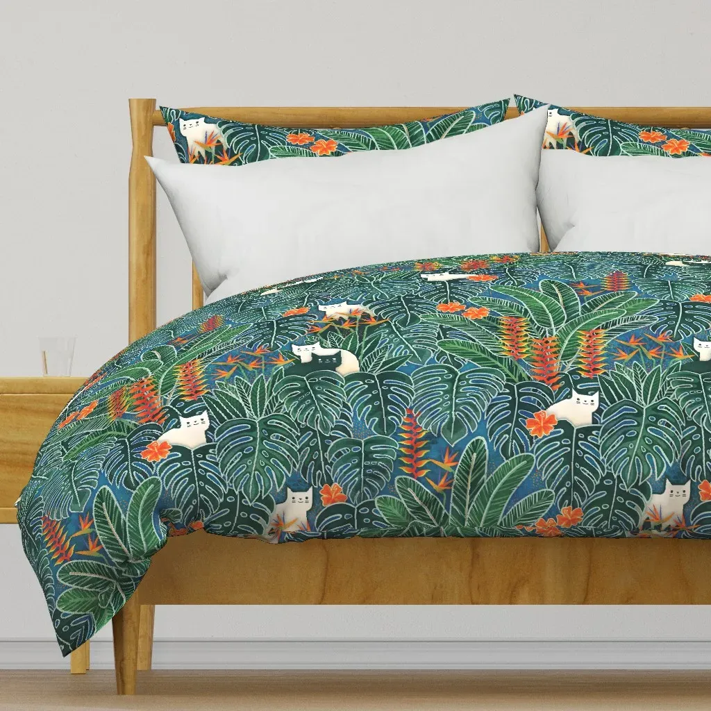 Tropical Cats Hawaiian Garden Monstera Duvet Cover - Dark Green product
