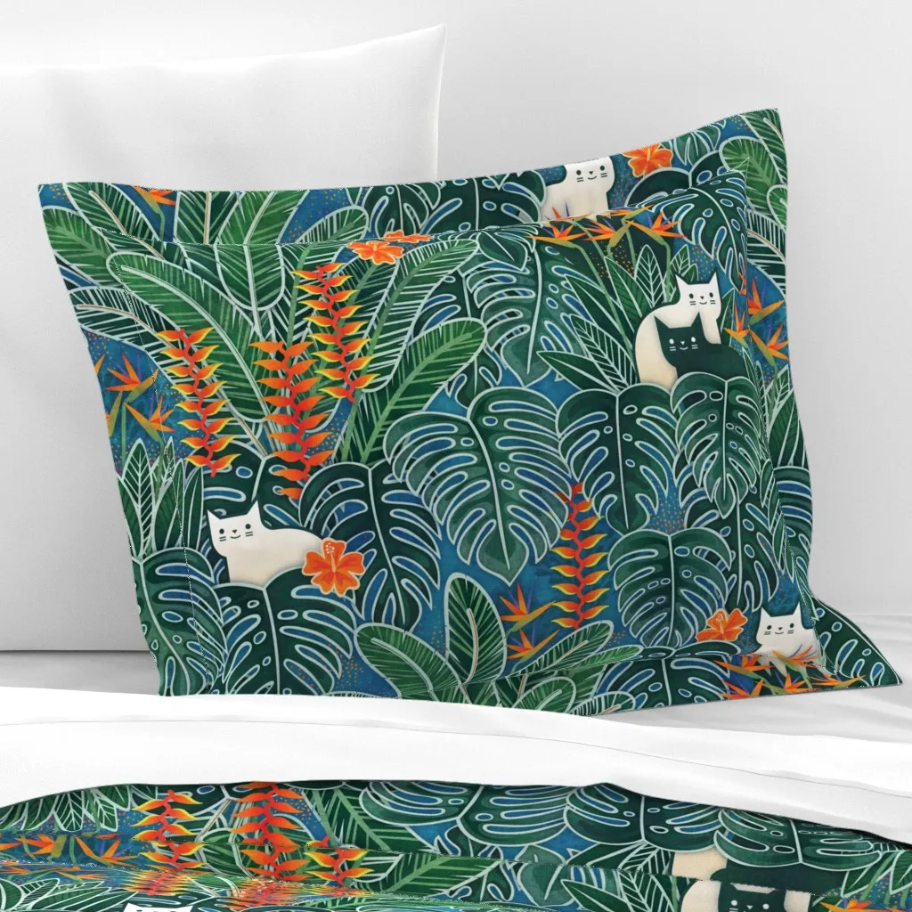 Tropical Cats Hawaiian Garden Standard Flanged Cushion Cover - Dark Green, Cotton Sateen product