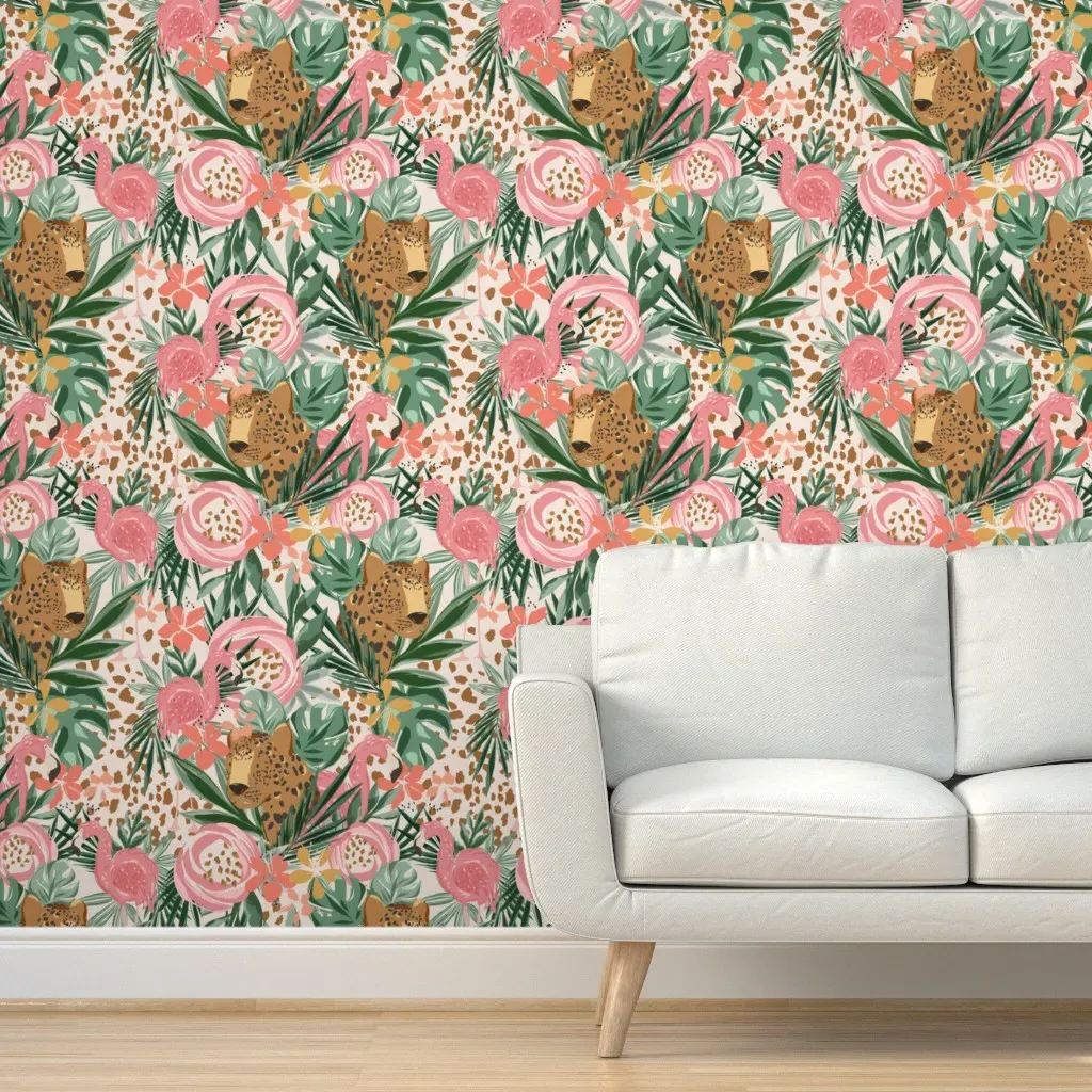 Tropical Cheetah Flamingo Floral Peel and Stick Wallpaper - Pink product