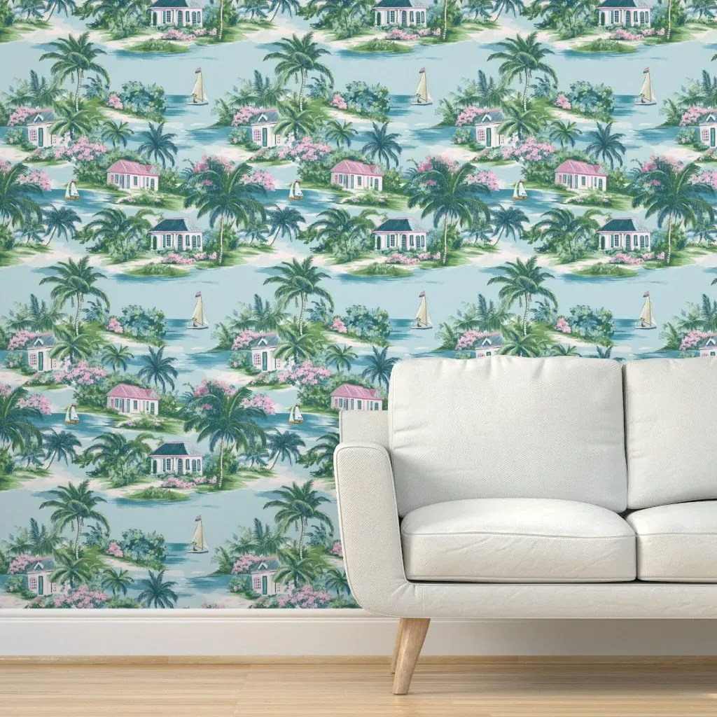 Tropical Cottages & Sailboats Toile Peel and Stick Wallpaper - Teal product