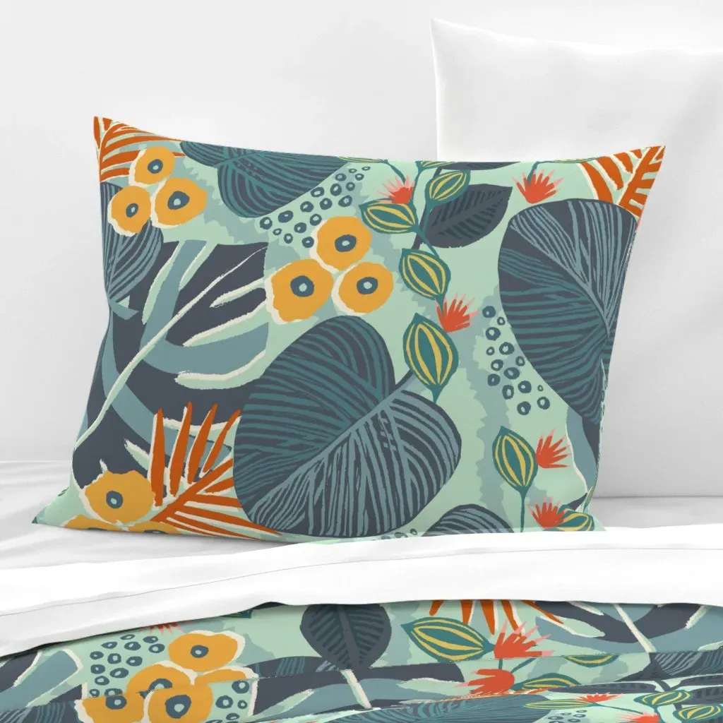 Tropical Floral Standard Knife Edge Pillow - Teal, Cotton Sateen product