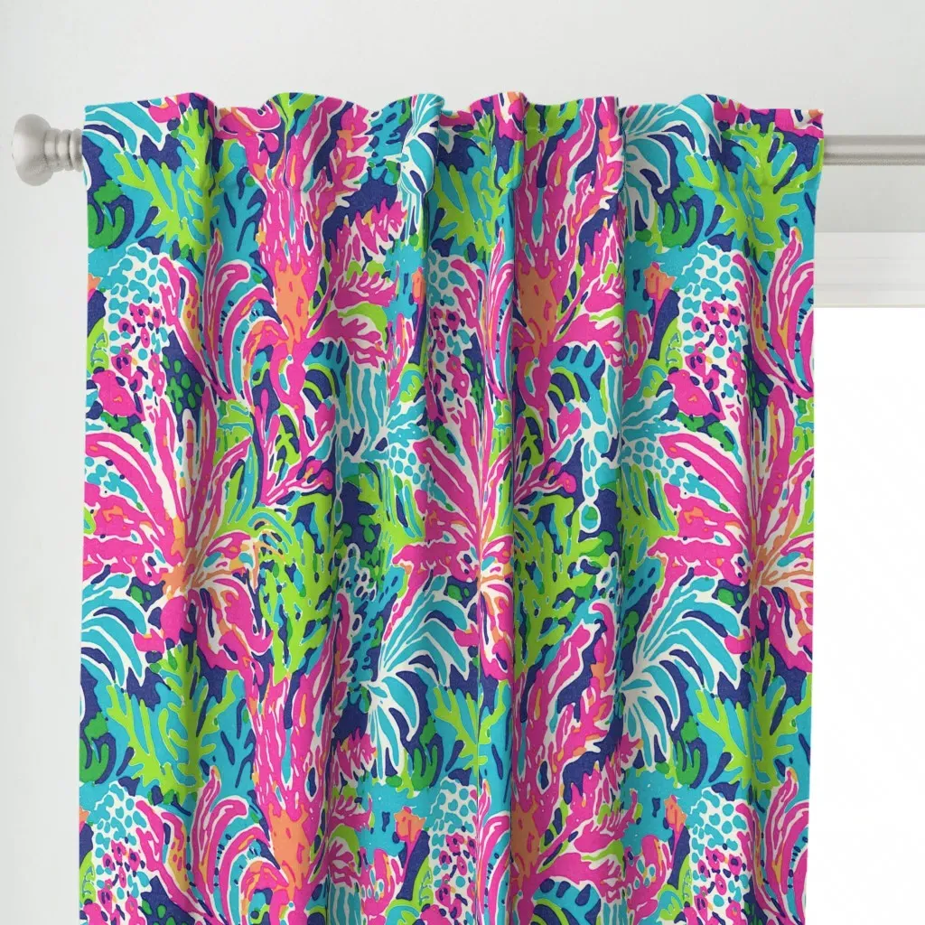 Tropical Flowers On Navy Curtain Panel - Pink alternate view