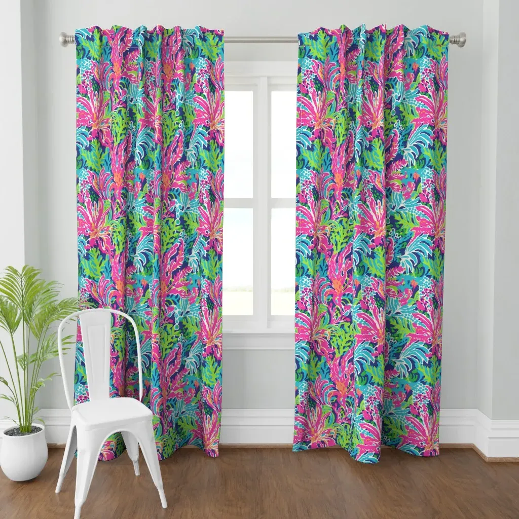 Tropical Flowers On Navy Curtain Panel - Pink product