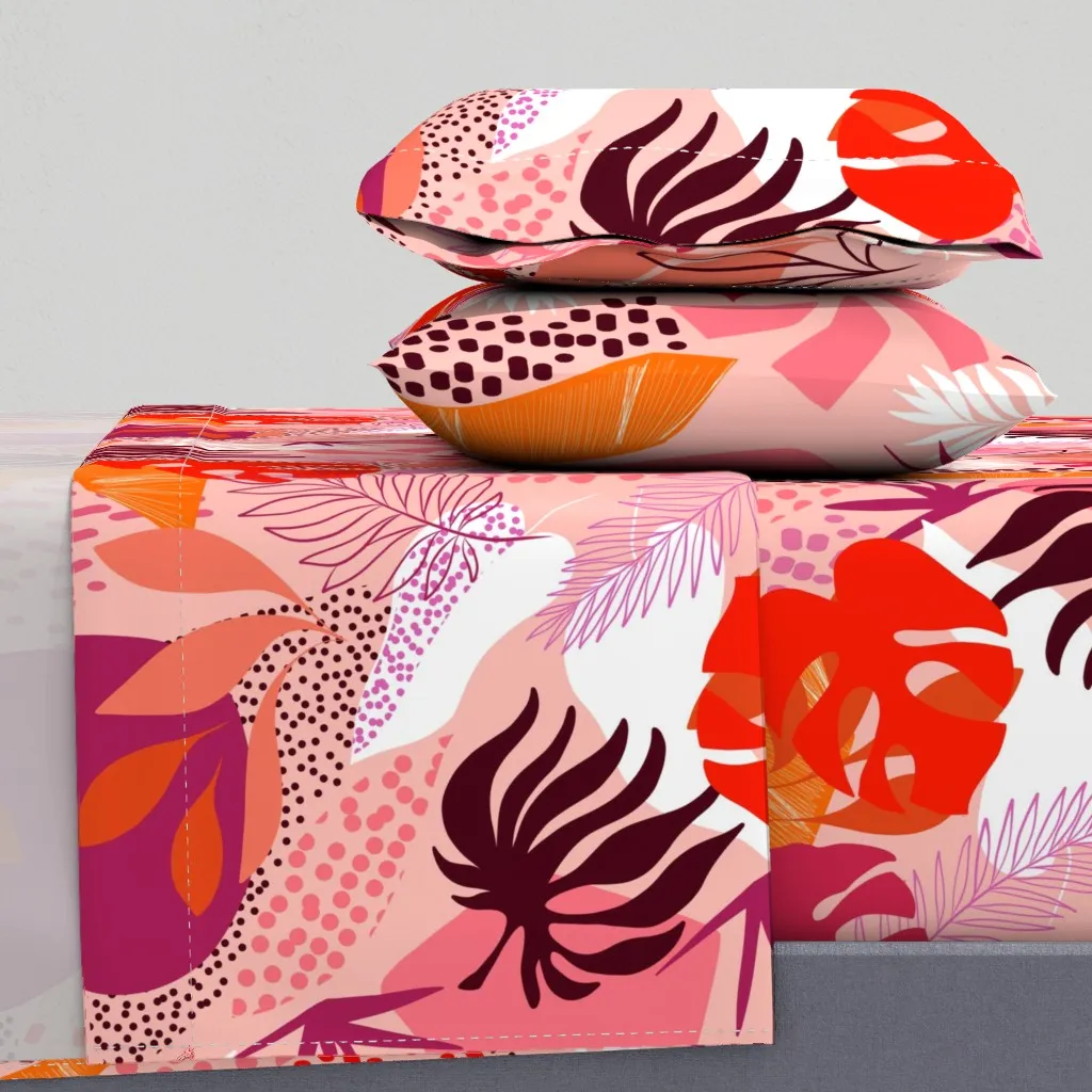 Tropical Foliage Retro Boho Queen Sheet Set - Coral product
