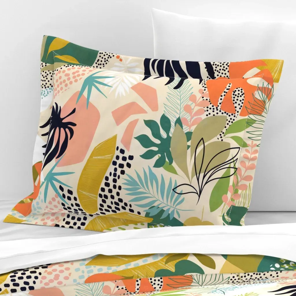 Tropical Foliage Retro Boho Standard Flanged Cushion Cover - Mustard Yellow, Cotton Sateen product