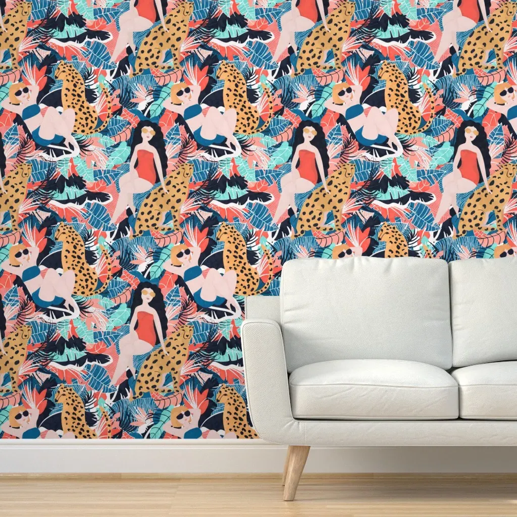 Tropical Girl With Cheetah Peel and Stick Wallpaper - Pink product