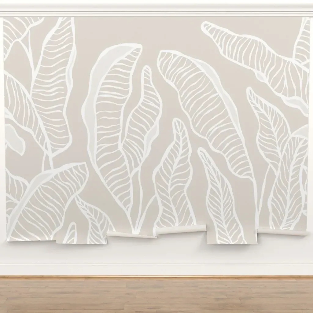 Tropical Leaf Botanical Line Art Peel and Stick Wall Mural - Taupe, White product