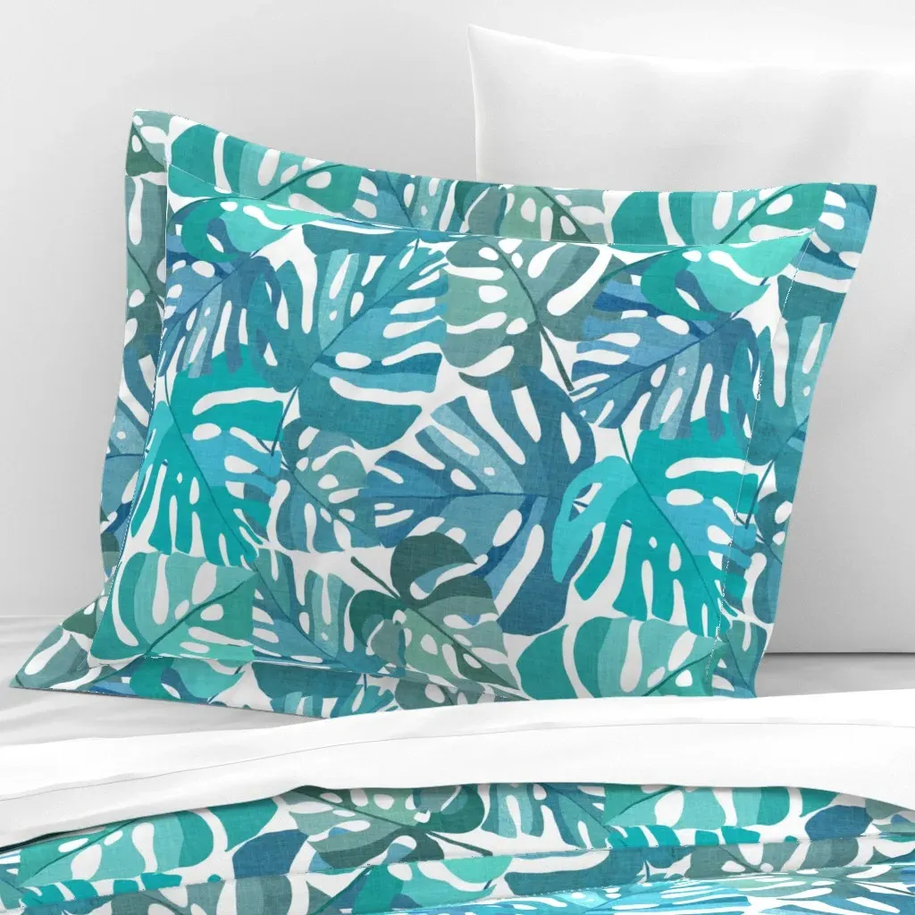 Tropical Leaves Standard Flanged Cushion Cover - Teal, Cotton Sateen product