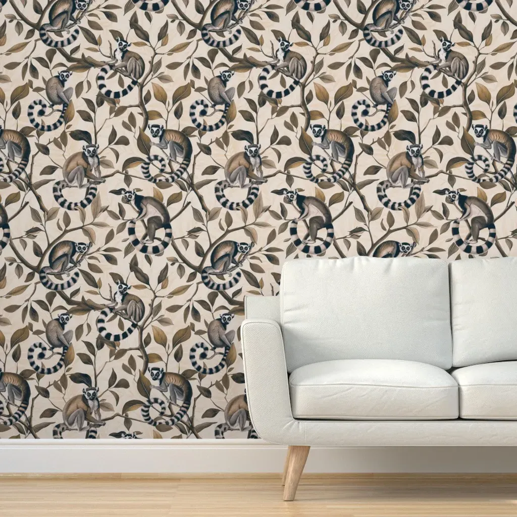 Tropical Lemur Monkey Paradise Peel and Stick Wallpaper - Taupe product