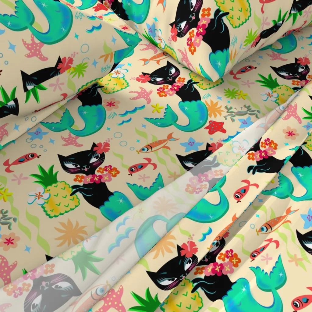 Tropical Mid-Century Mermaid Kitty Full Sheet Set - Black alternate view