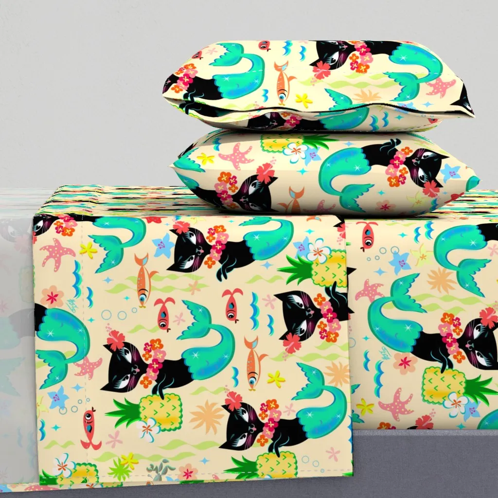 Tropical Mid-Century Mermaid Kitty Full Sheet Set - Black product