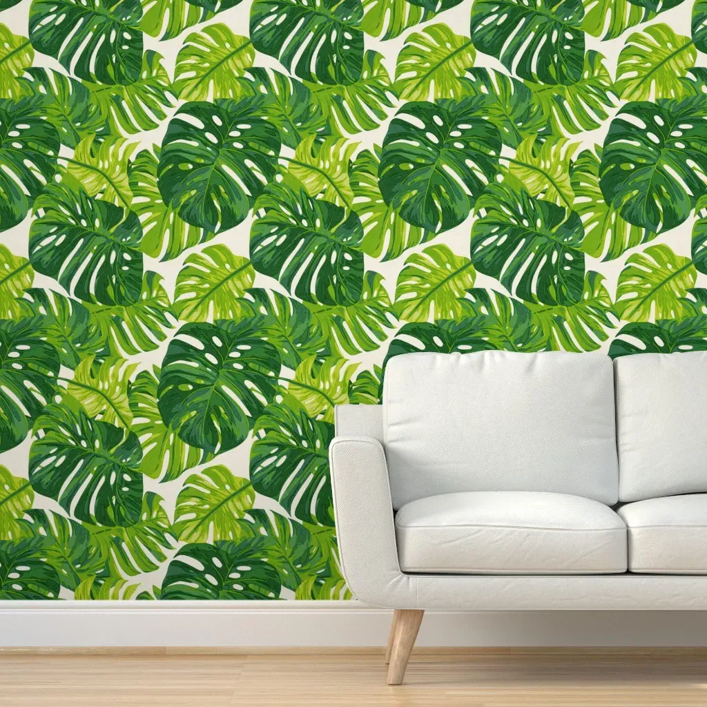 Tropical Monstera Leaves Peel and Stick Wallpaper - Green, White product