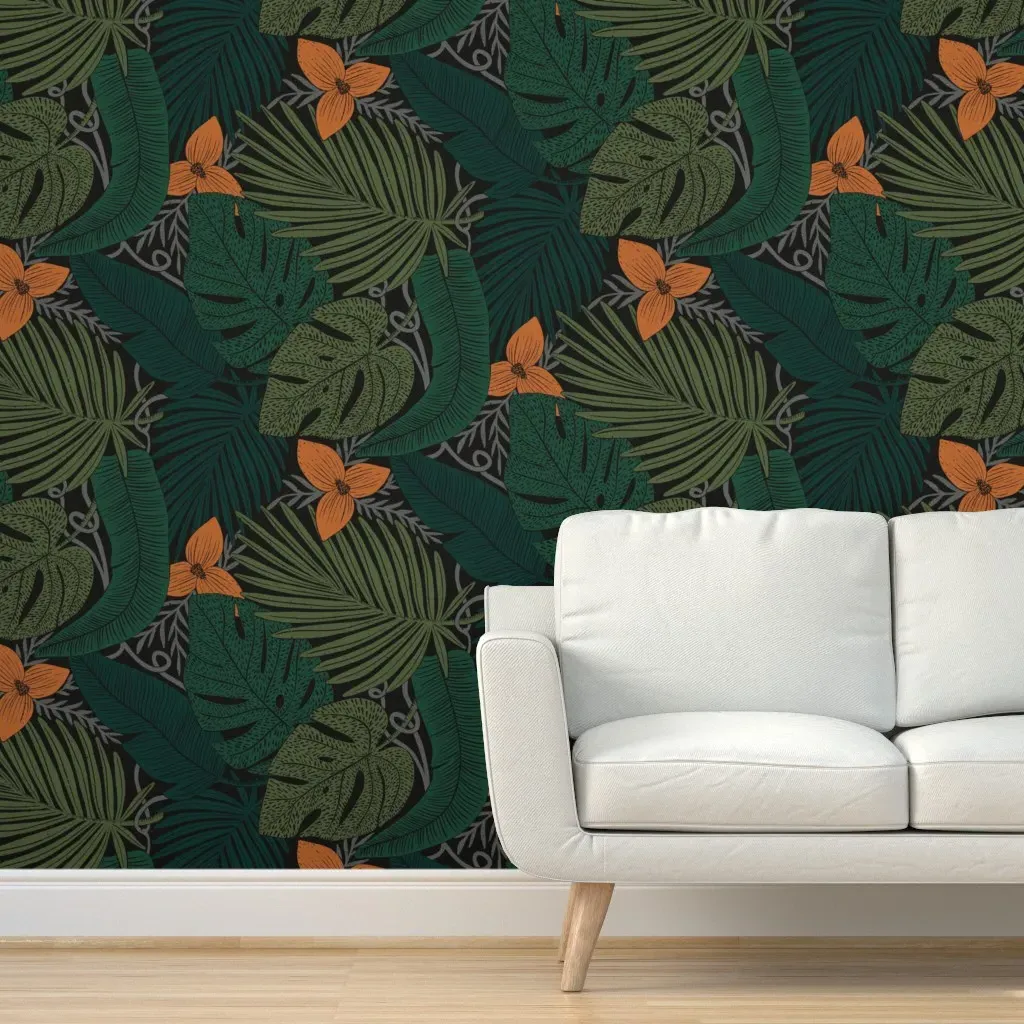 Tropical Orange Flower Peel and Stick Wallpaper - Black, Green product
