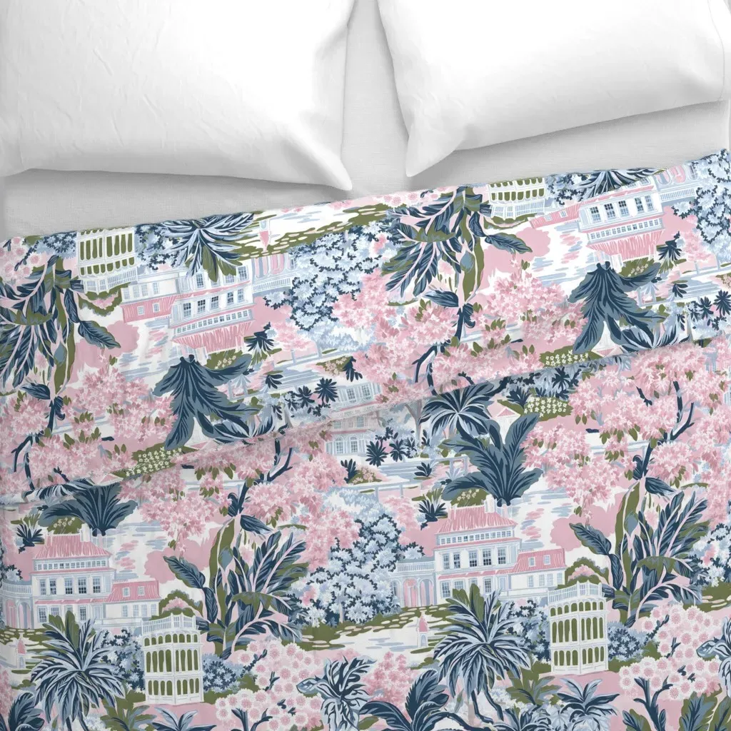 Tropical Palm Beach Toile Duvet Cover - Pink alternate view