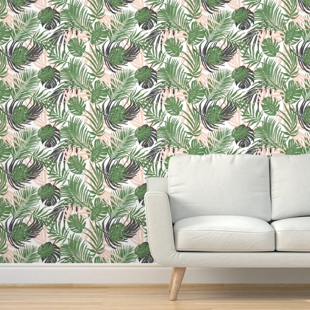 Tropical Palm Leaves Peel and Stick Wallpaper - White, Green product