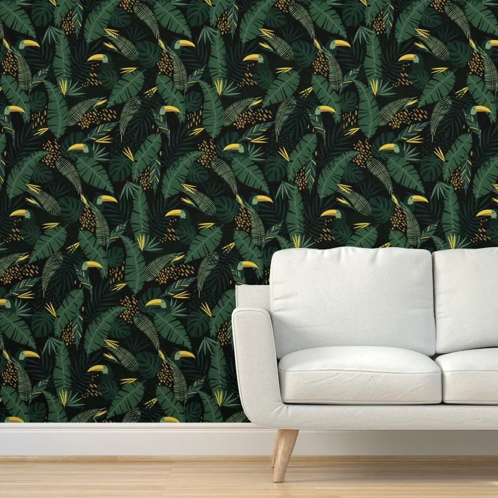 Tropical Palm Leaves & Toucan XL Peel and Stick Wallpaper - Dark Green product