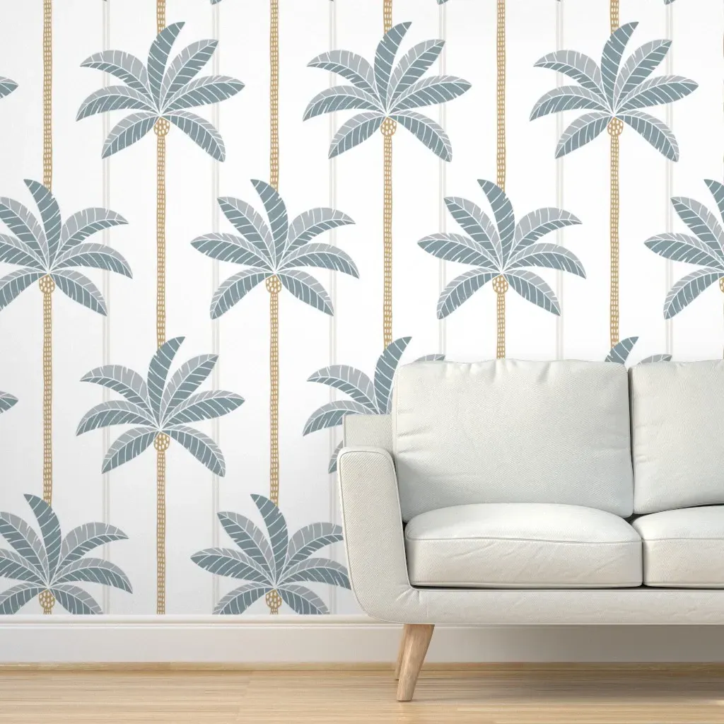 Tropical Palm Tree Stripes Peel and Stick Wallpaper - Dusty Blue product