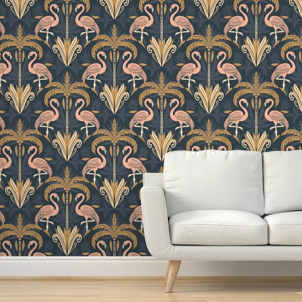 Tropical Palm Trees Flamingos Banana Leaves Peel and Stick Wallpaper - Pink product